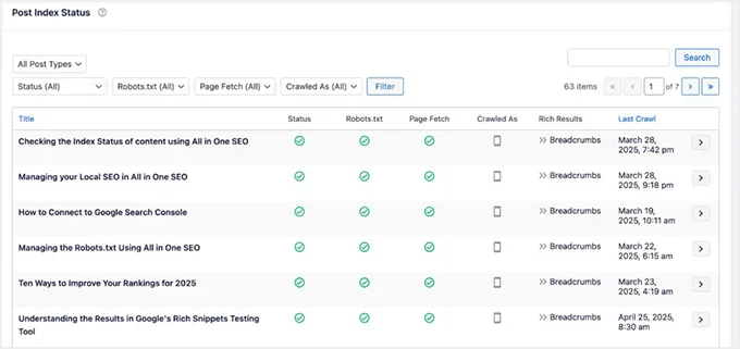 Check index status for posts in AIOSEO