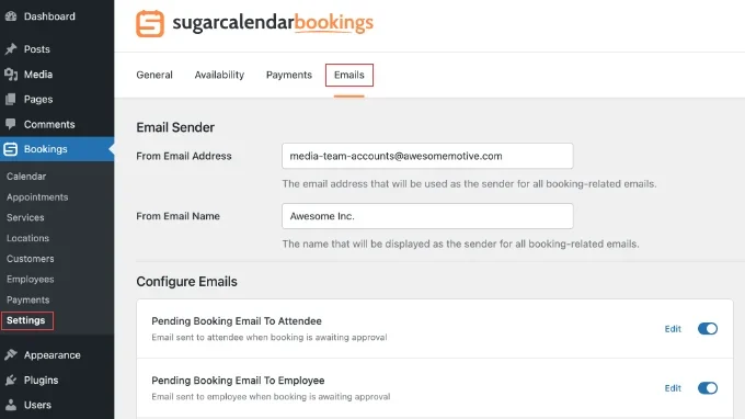 Configuring Email Settings in Sugar Calendar Bookings