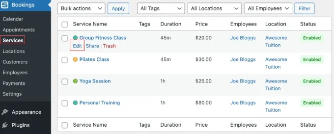 Editing a Service in Sugar Calendar Bookings