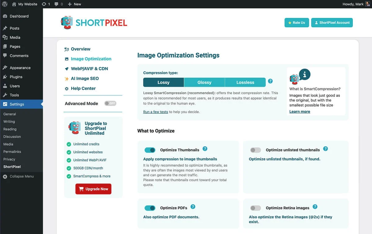 ShortPixel's image optimization settings.