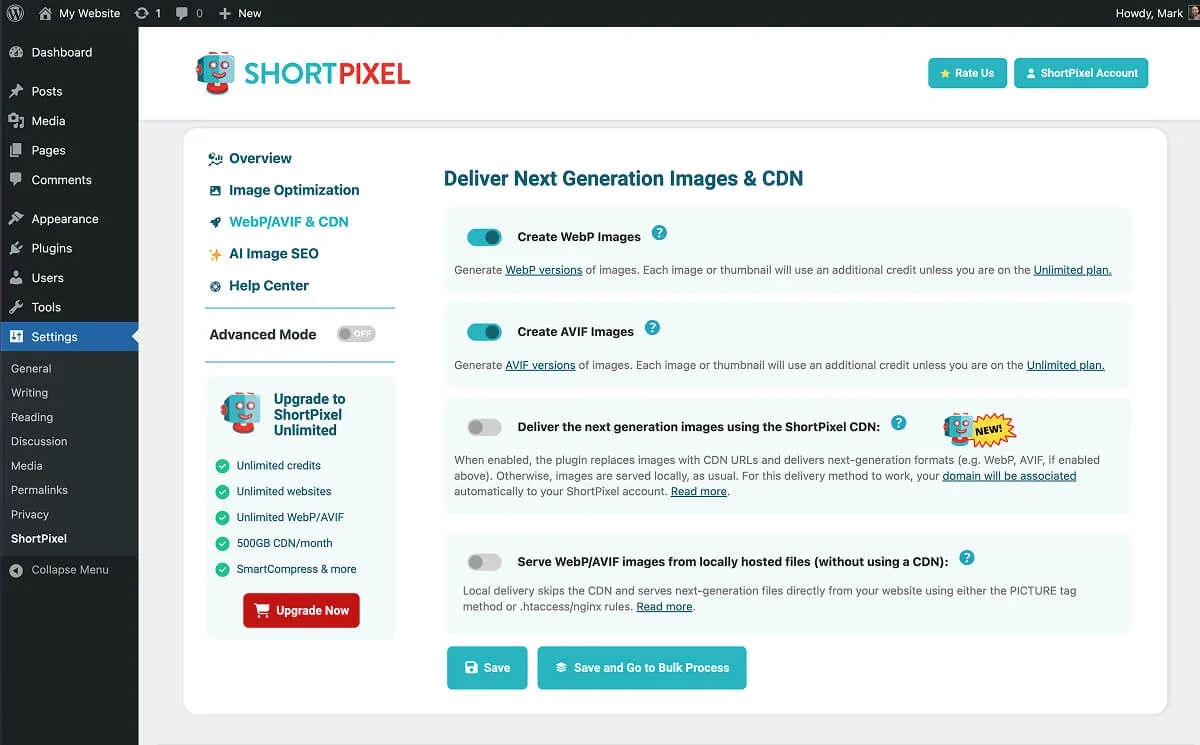 ShortPixel's next-gen image format settings.