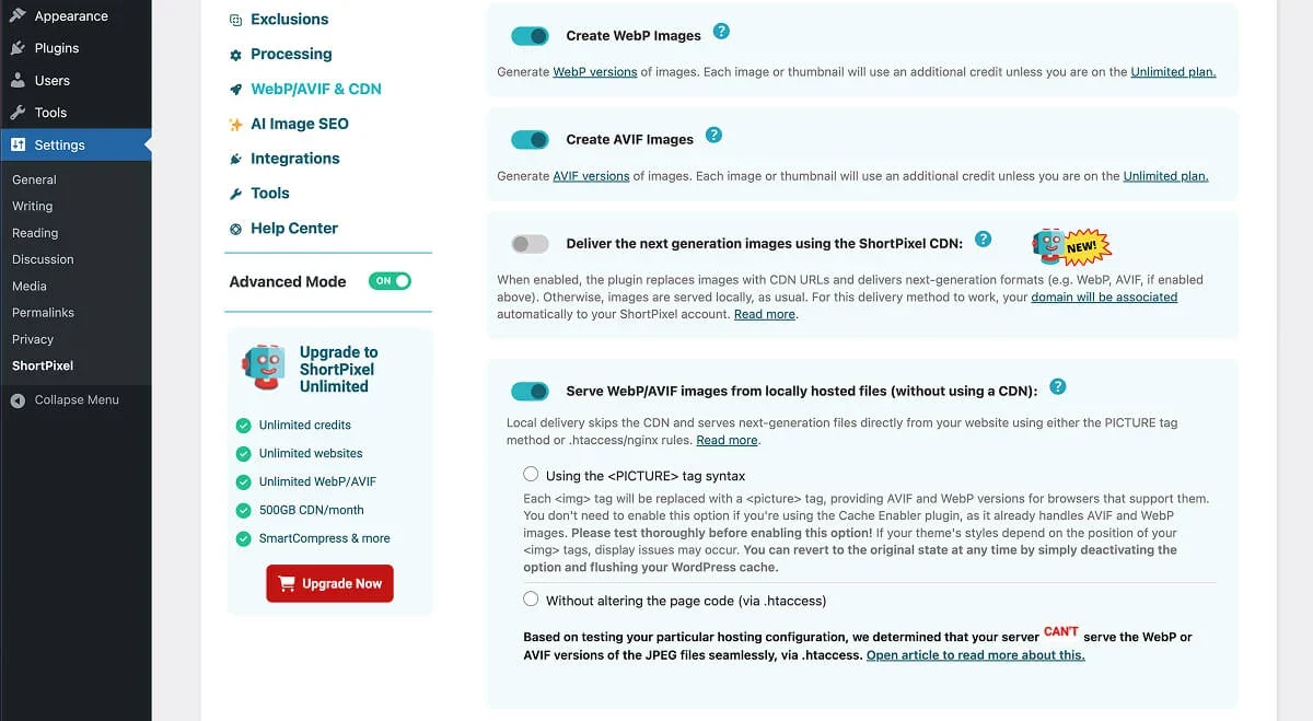 Choosing where to serve WebP/AVIF images from locally hosted files in ShortPixel.
