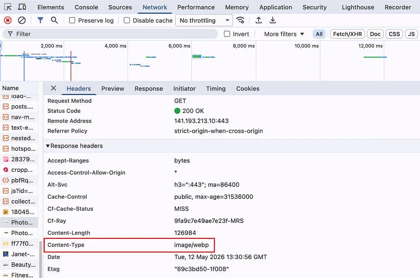 Chrome's DevTools showing the image format as WebP.