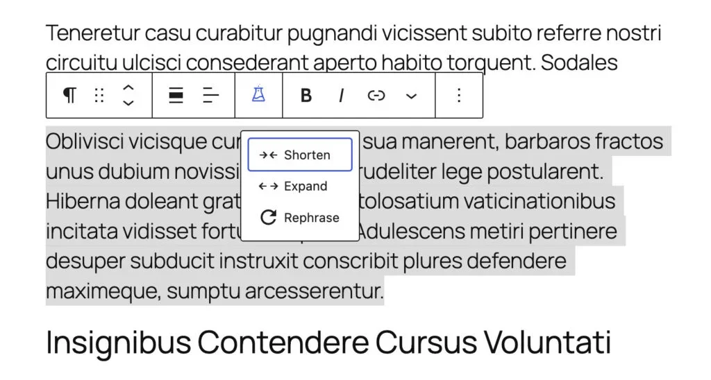 Text editing interface showing options to shorten, expand, or rephrase highlighted text.