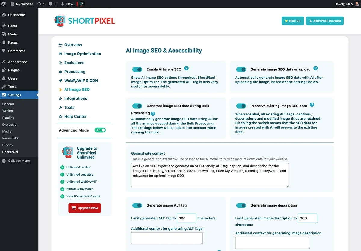 ShortPixel's AI features for SEO and accessibility.