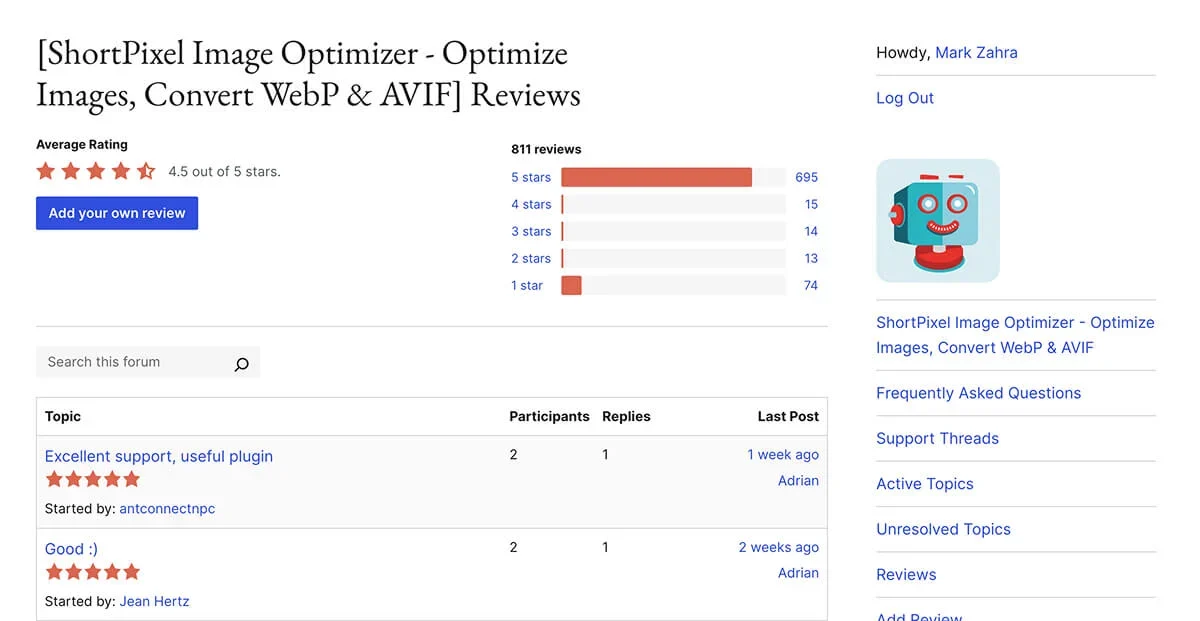 ShortPixel reviews on the WordPress plugin repository, showing an average 4.5/5 start rating.