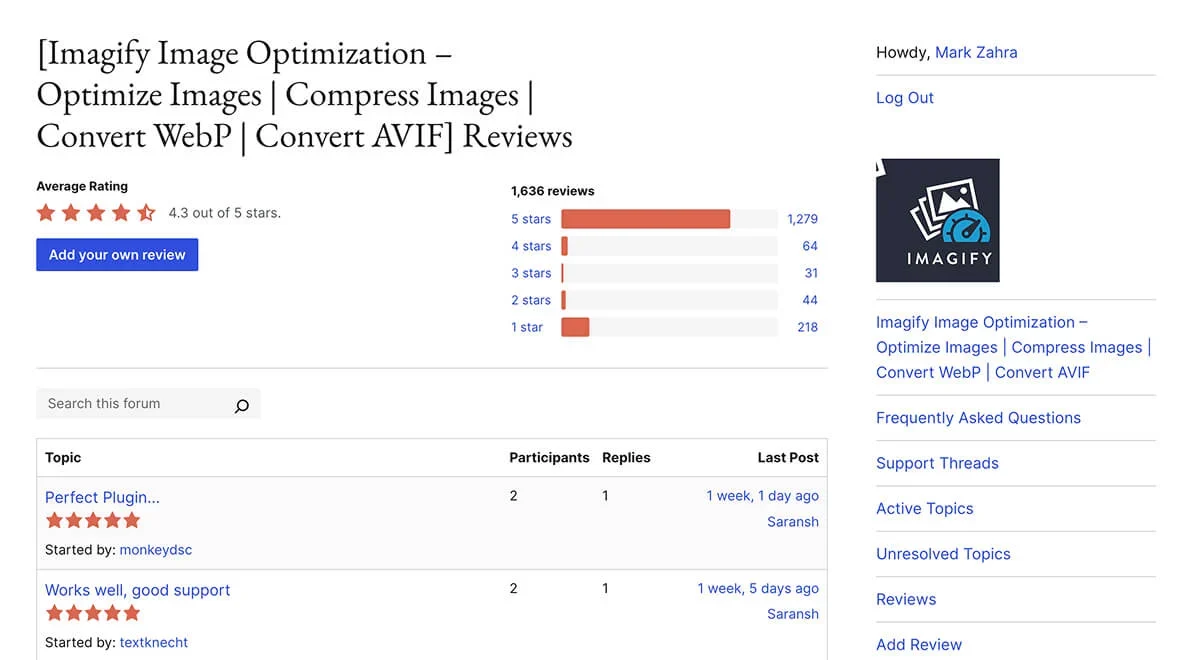Imagify reviews on the WordPress plugin repository, showing an average 4.3/5 start rating.