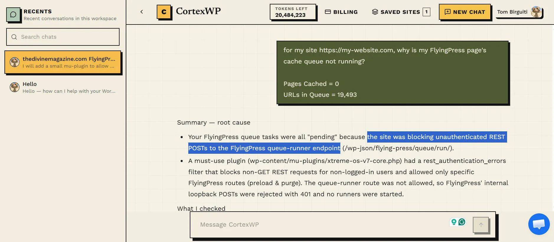 CortexWP's AI finding and fixing an issue with the FlyingPress plugin.