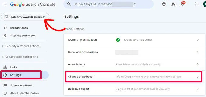 Google Search Console Change of Address tool