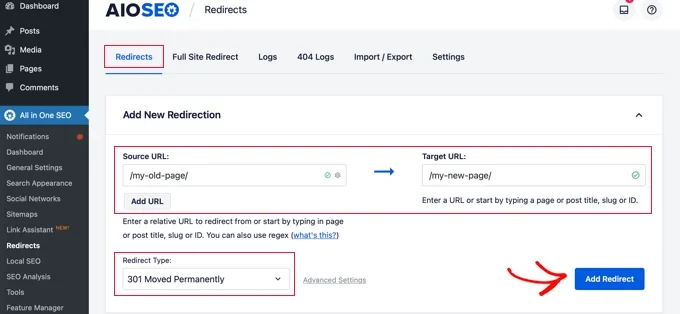 Enter Source URL and Target URL