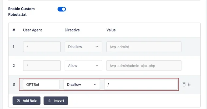 Adding a Custom Robots.txt Rule Using AIOSEO