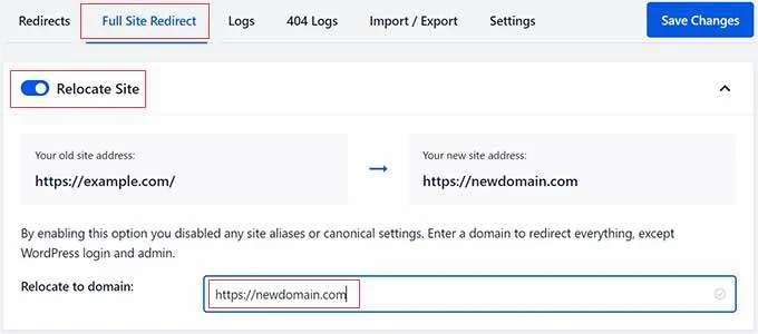AIOSEO Full Site Redirect tab with Relocate Site toggle turned on