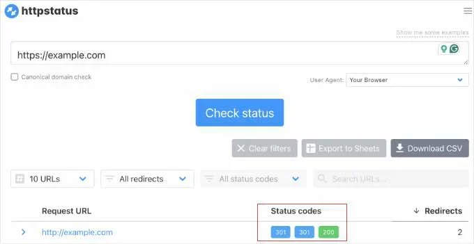 httpstatus.io showing 301 status for old domain URL resolving to new domain