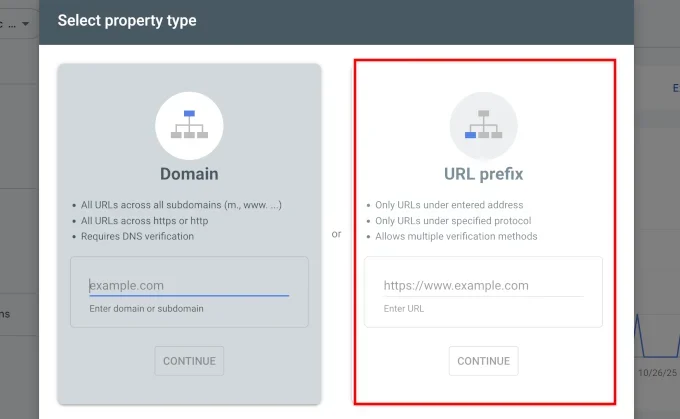 Select property type option in Google Search Console