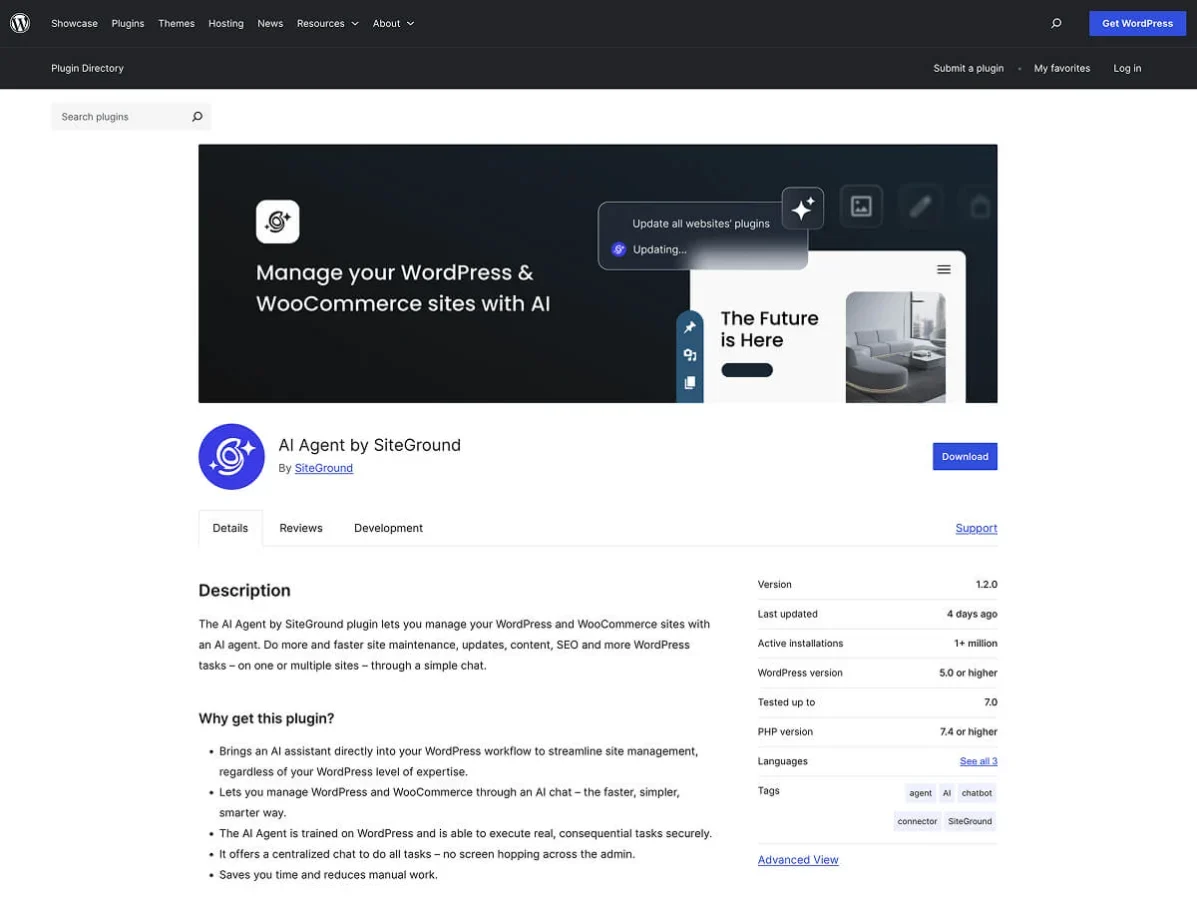 The SiteGround AI Agent plugin on the WordPress plugin repository.
