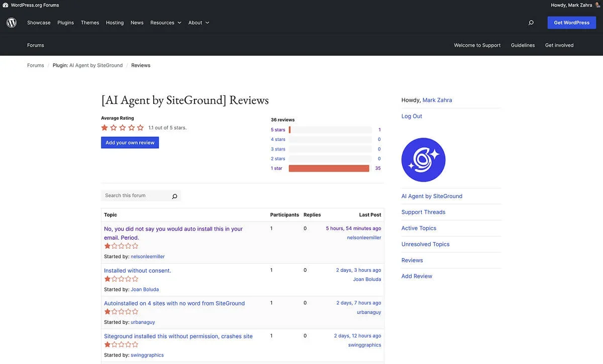 The negative reviews for SiteGround's AI Agent plugin.