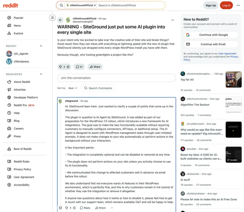 The Reddit thread about SiteGround's AI Agent plugin auto-installation.