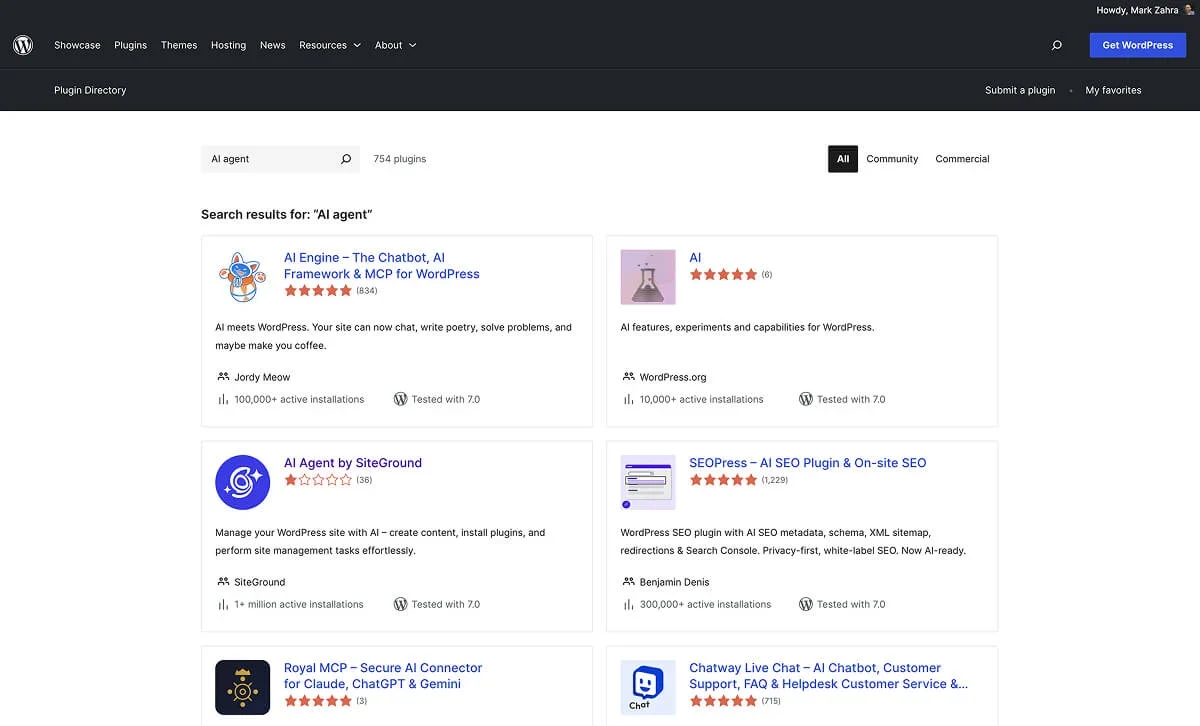 Searching for AI Agent brings up the SiteGround plugin at position 3.