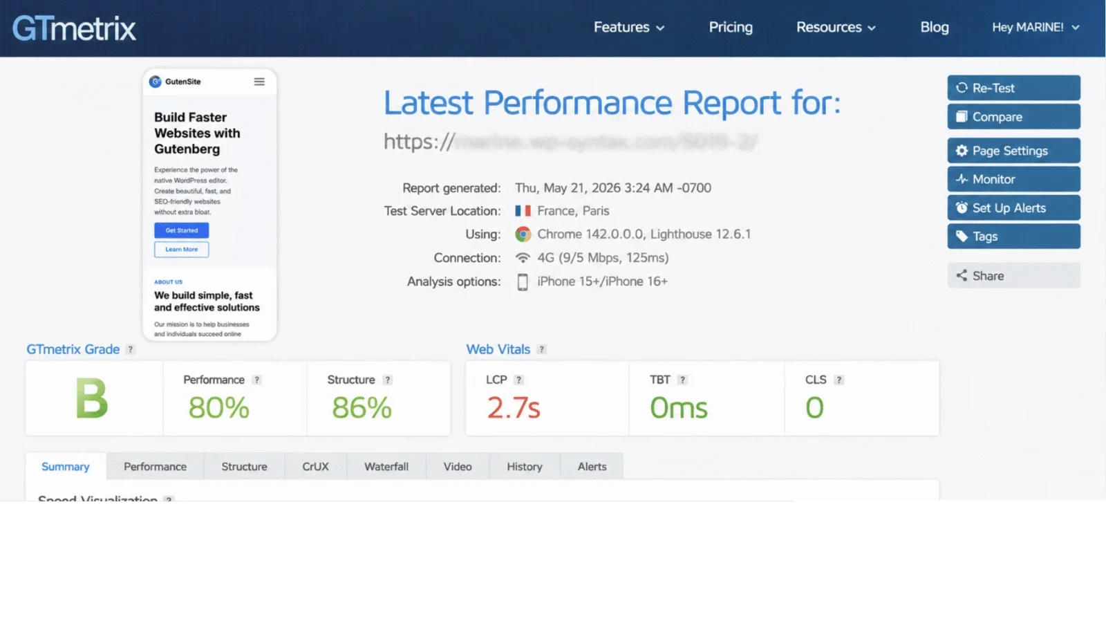 Example of a performance test by GTmetrix - Source: GTmetrix