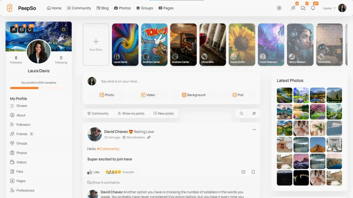 PeepSo's Stories appar at the top of the activity page.