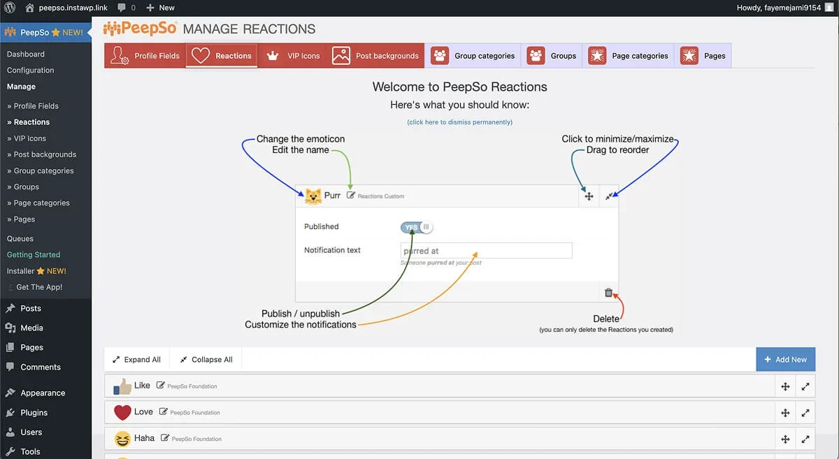 PeepSo's Manage Reactions settings page.