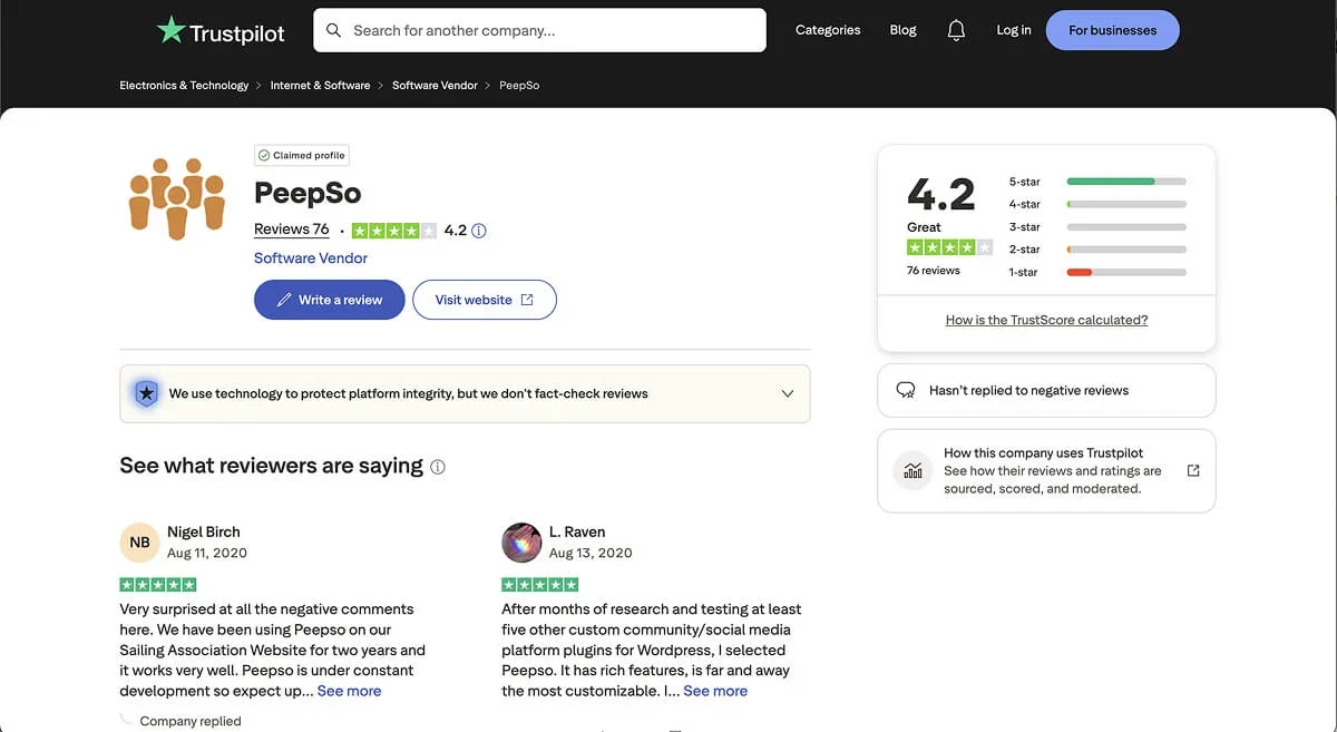 PeepSo's reviews on Trustpilot.