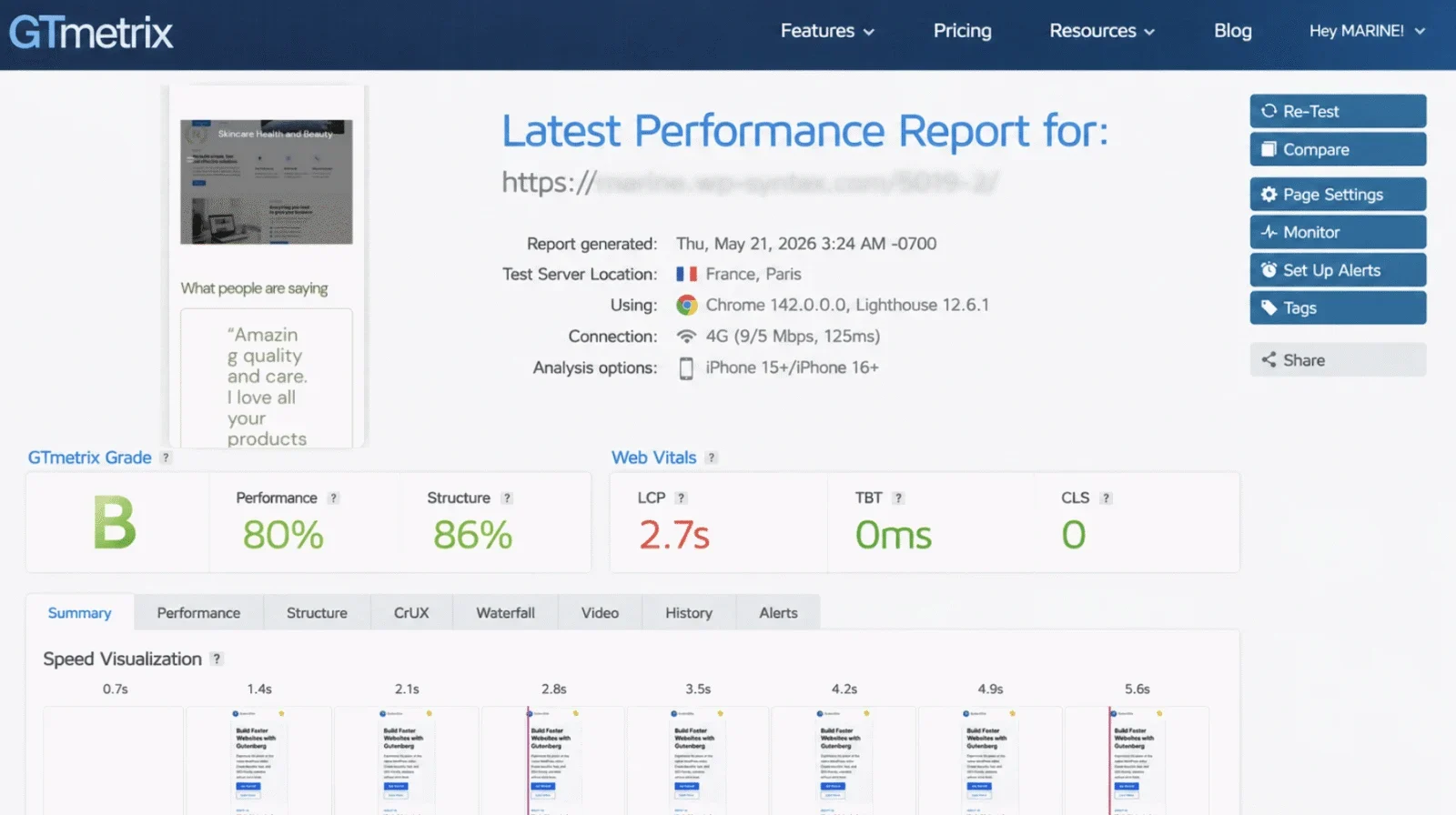Performance report before WP Rocket - Source: GTmetrix