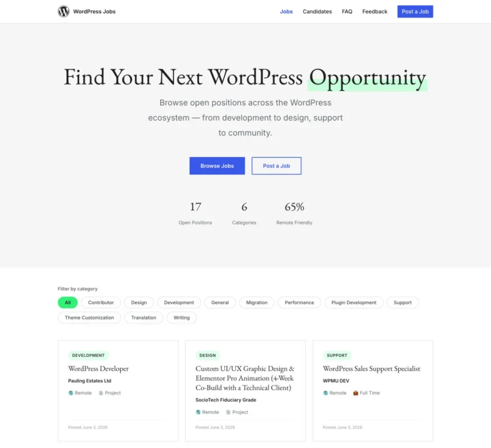 WordPress Jobs site homepage showing job listings and category filters.