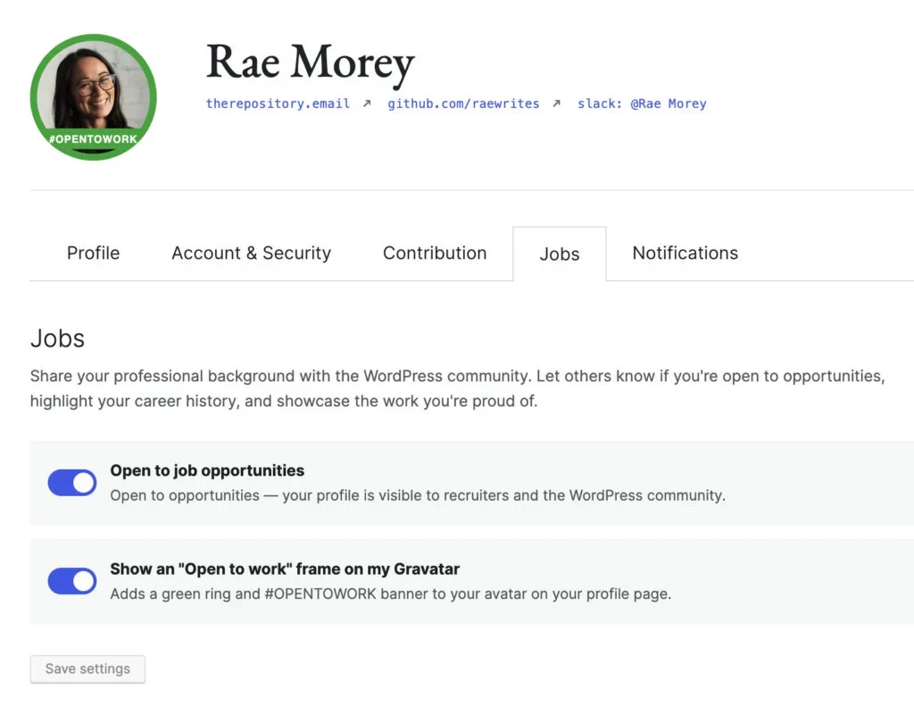 Profile page showing job settings with open to job opportunities and open to work frame enabled.