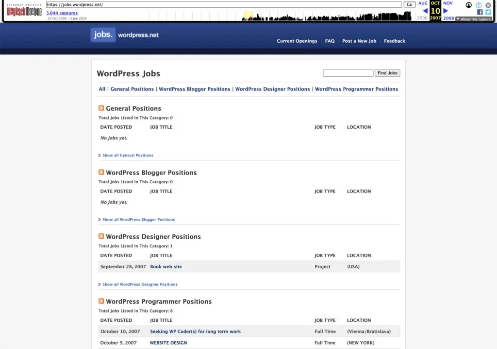 WordPress job listings page from 2007 showing various open positions and categories.