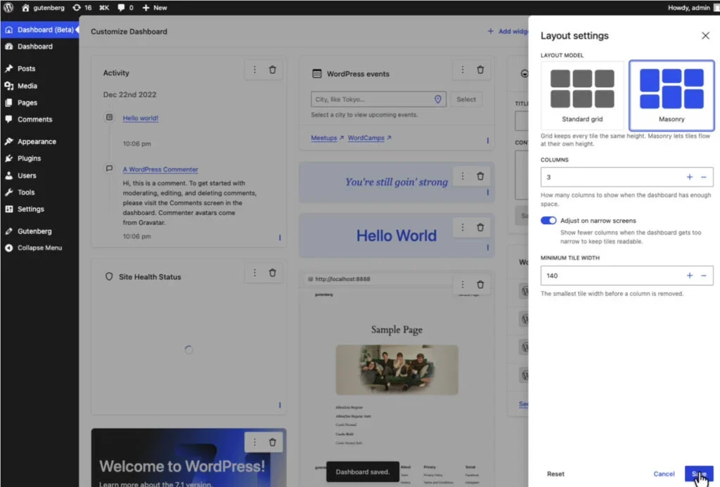 WordPress dashboard layout settings with masonry layout selected and save button clicked.