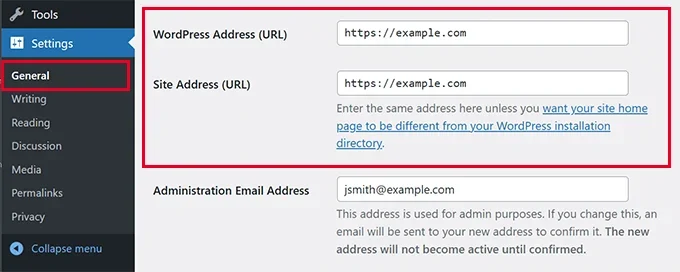 WordPress site URL settings
