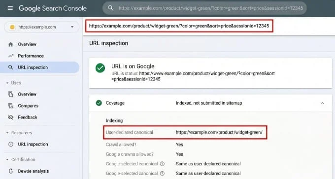 Screenshot of Google Search Console URL Inspection tool showing a parameterized URL with the canonical pointing to the clean URL version