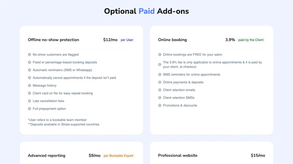 The TimeTailor pricing page showing the free plan and optional add-ons.