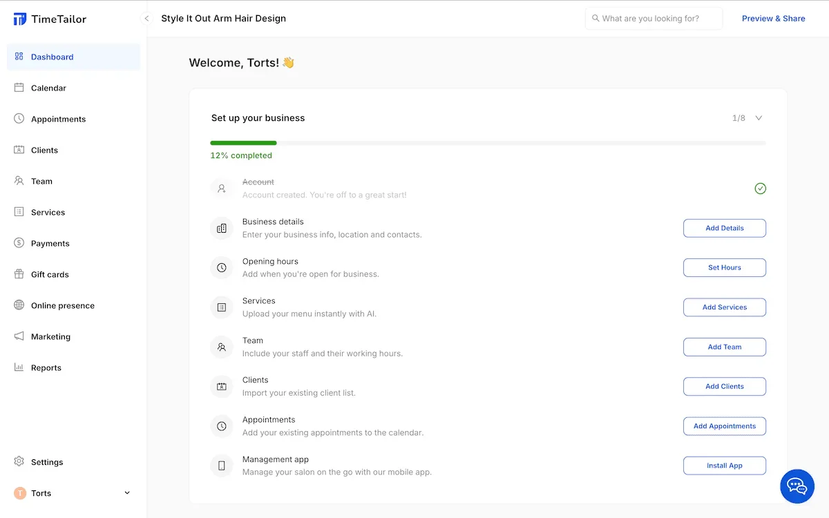 The TimeTailor dashboard showing todo list items for a site and a sidebar of other screens.