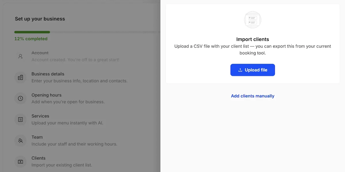 The Import Clients dialog screen.