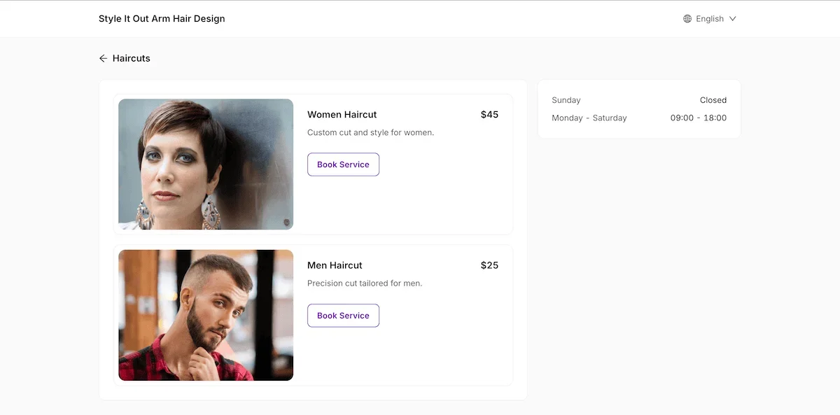 The TimeTailor booking page on the front-end of a site.