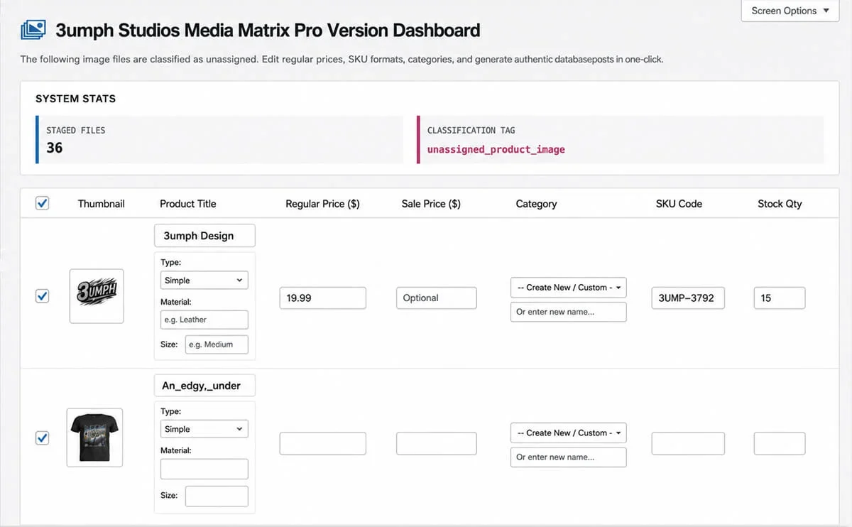 The WooMedia Matrix Pro plugin in action, turning media files into WooCommerce products.