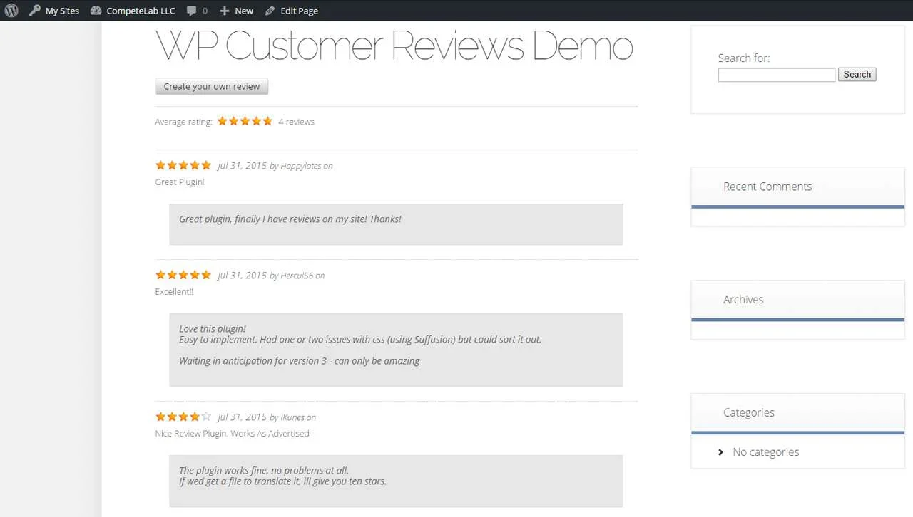 WP Customer Reviews screenshot