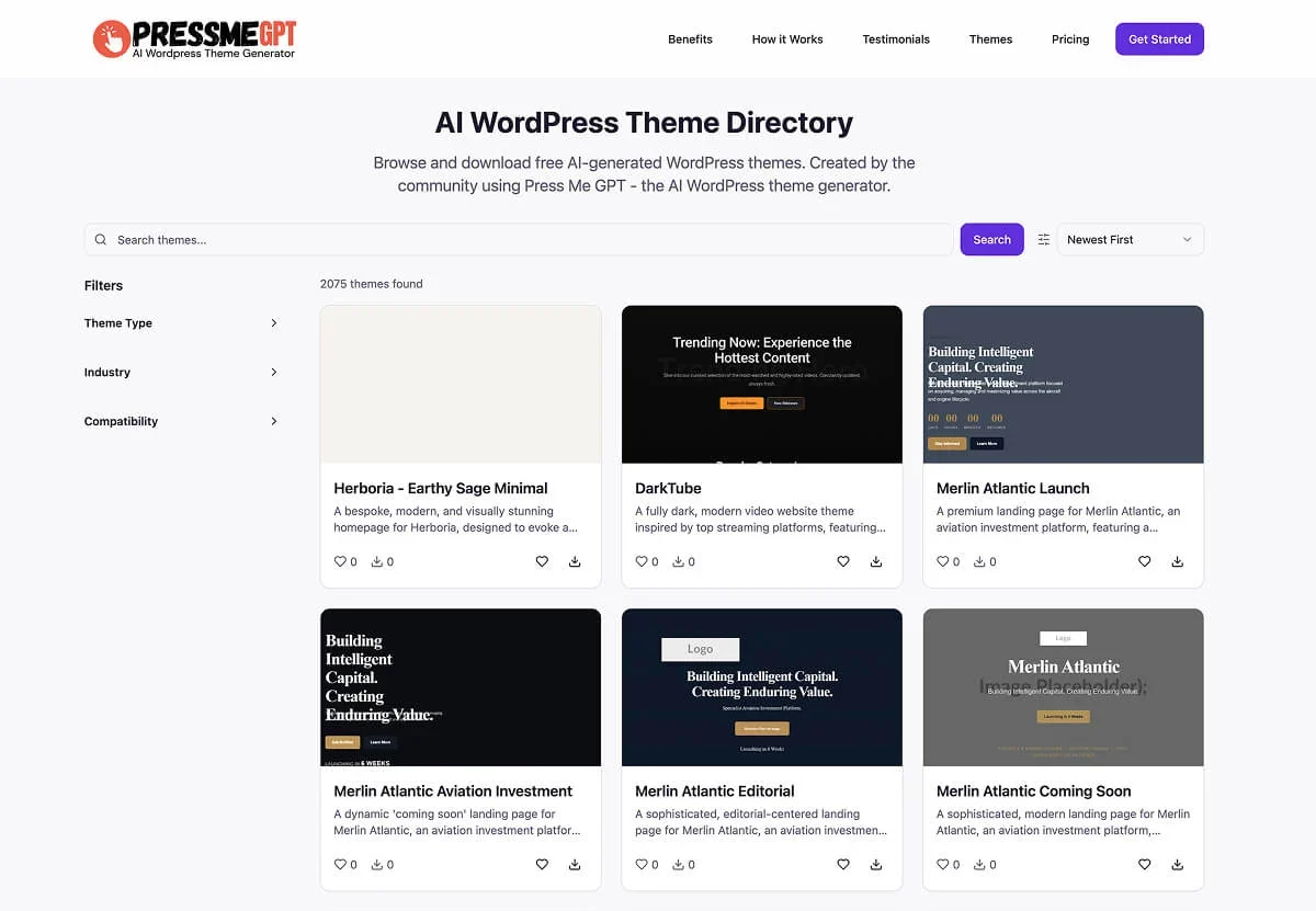 The AI WordPress Theme Directory showcasing community-built AI-generated WordPress themes.