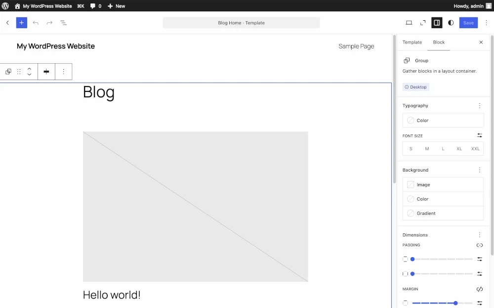 WordPress editor screen showing a blog template with a placeholder image and "Hello world!" text.