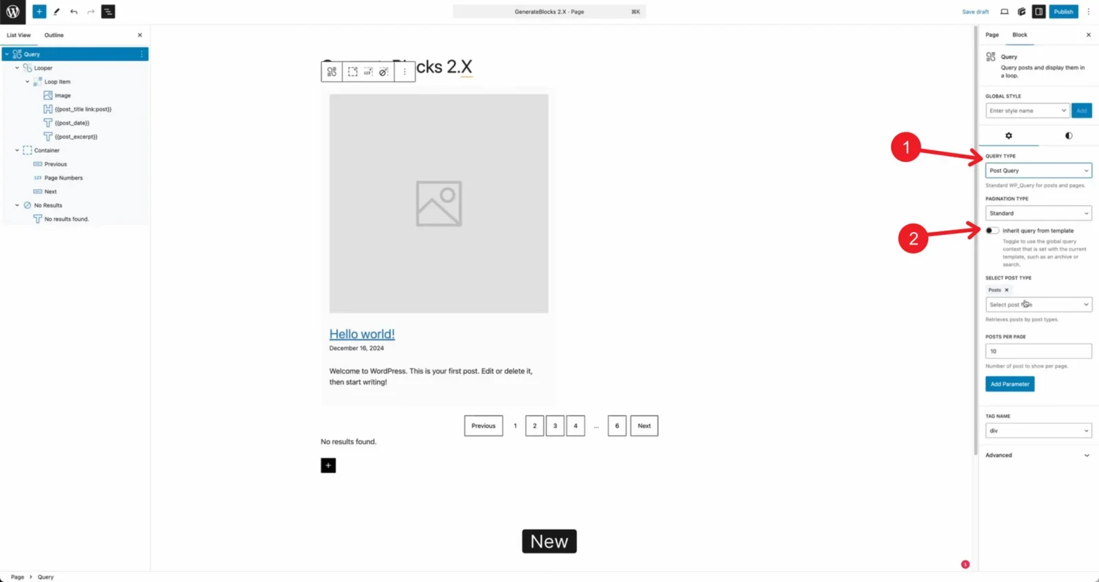 GenerateBlocks Query Parameters Including Inherit Query from Template