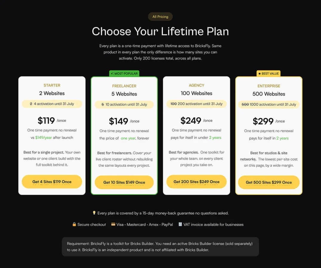 BricksFly's lifetime deal offer at launch.