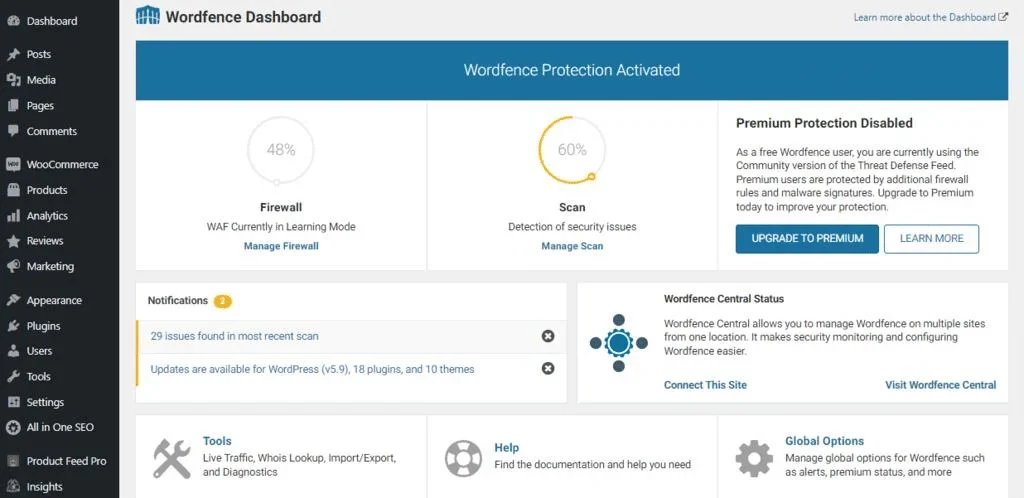 Wordfence dashboard - Source: Wordfence