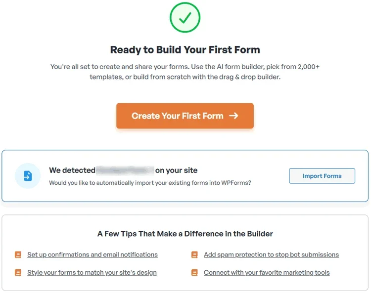 Screenshot of plugin web page notifying they detected a competing form plugin and asking if the user would like to import existing forms.