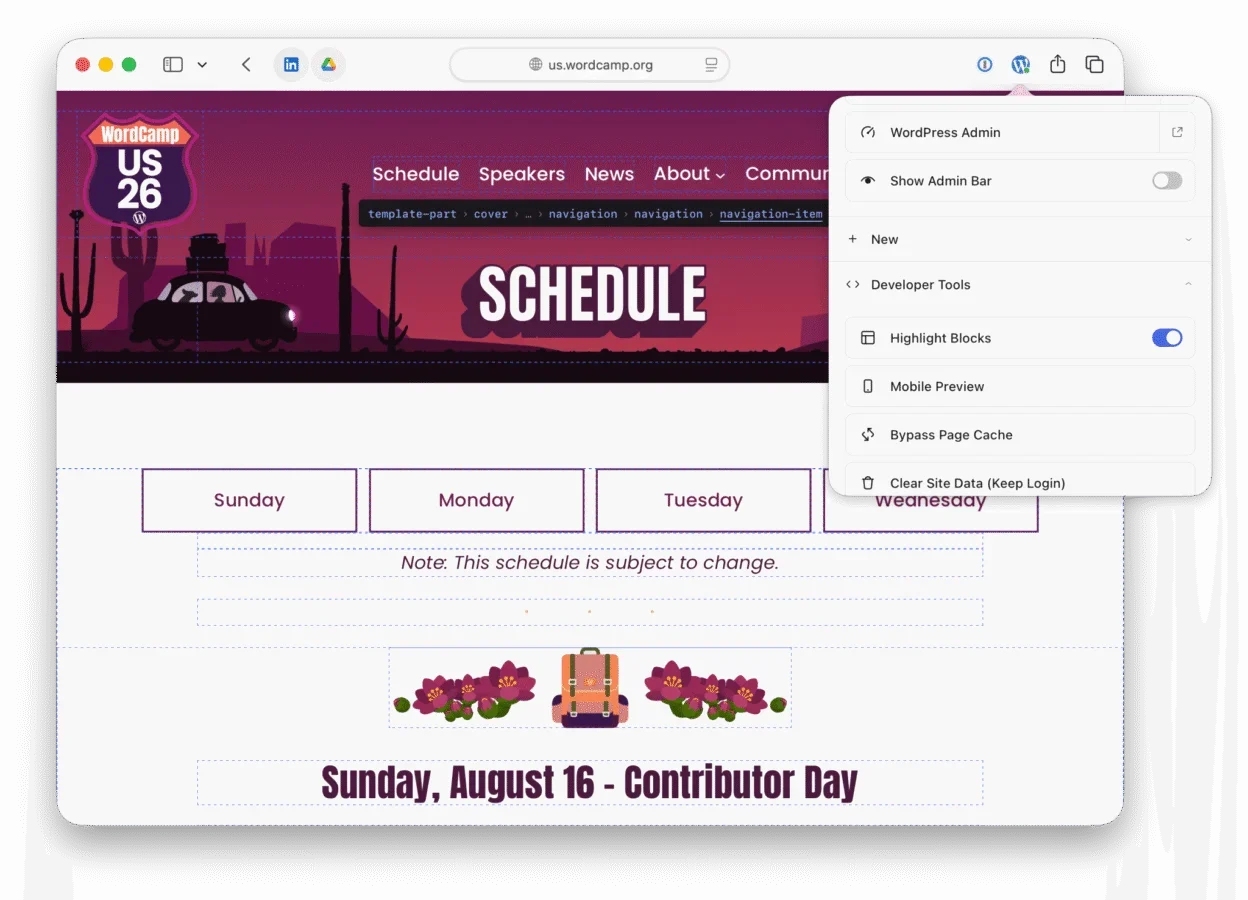 A screenshot of WordCamp.org in Safari with the WordPress Browser Extension open and the developer tools expanded.