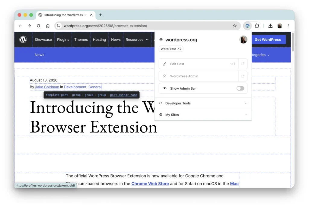 WordPress browser extension popup over a WordPress.org news page.