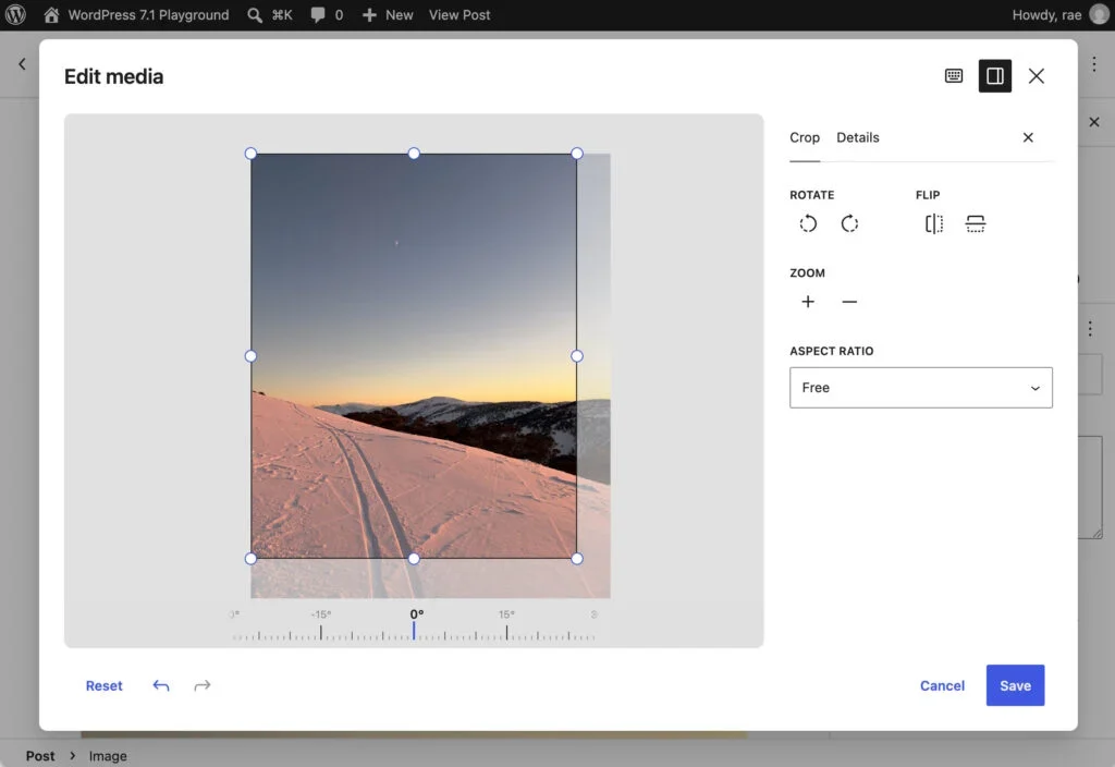 WordPress media editor cropping a snowy sunset photo.