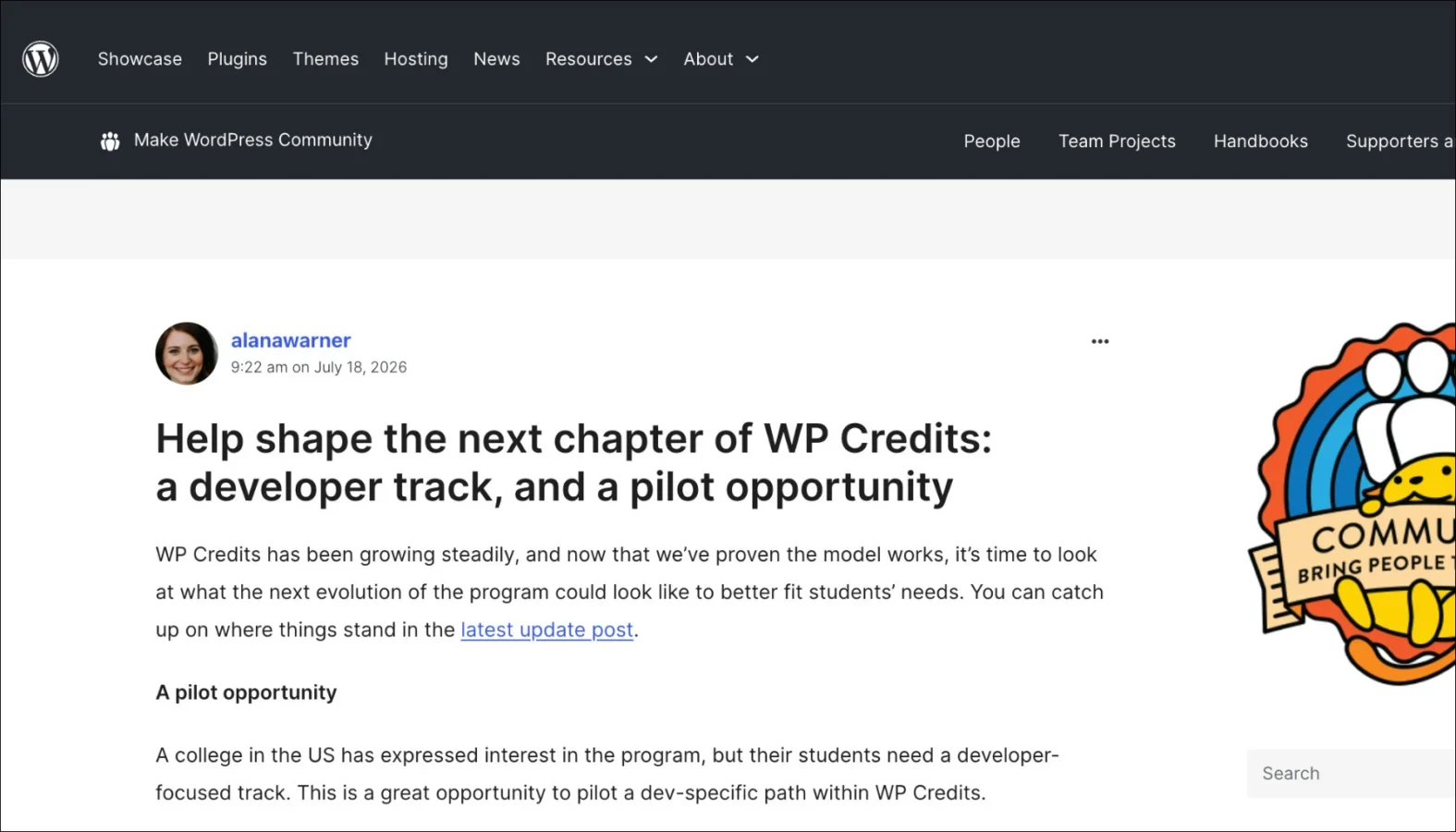 WordPress blog post titled "Help shape the next chapter of WP Credits" by alanawarner.