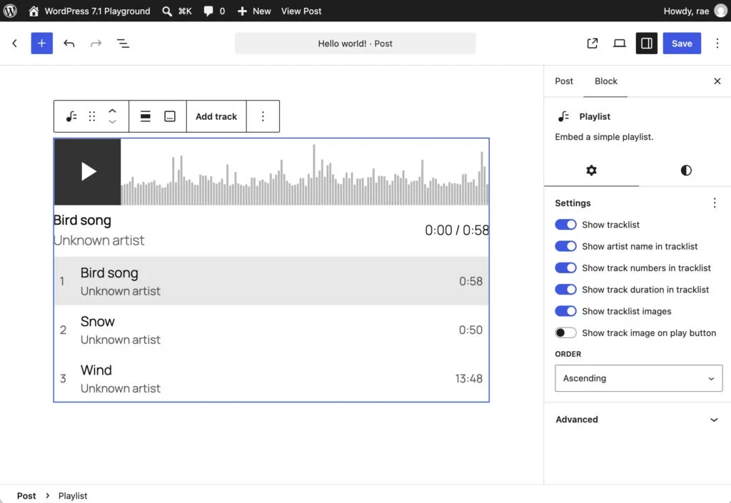 WordPress editor showing a playlist block with tracklist settings.